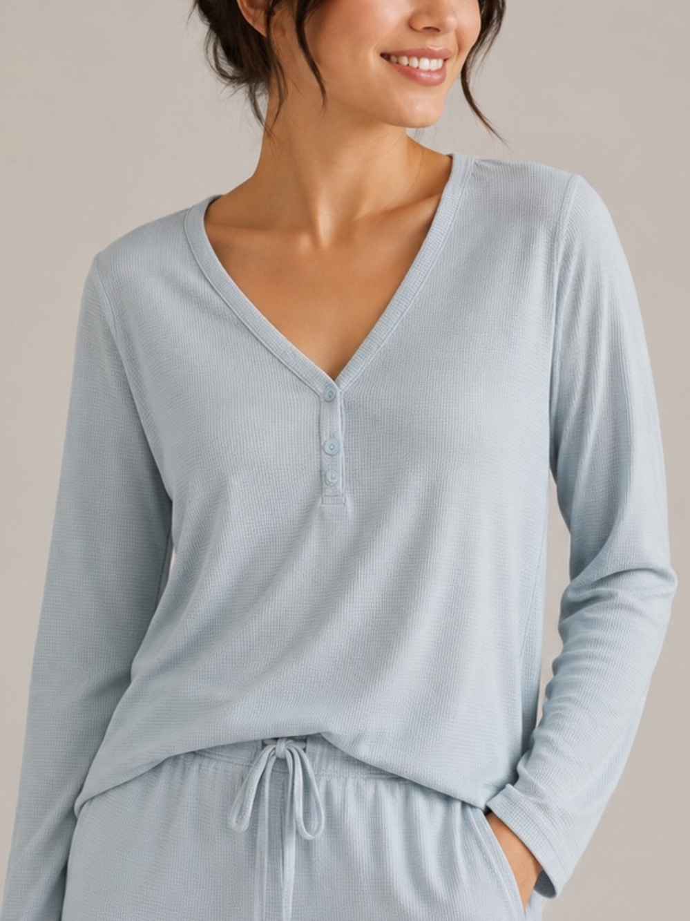 Athleta Light Blue Ribbed V-Neck Long-Sleeve Sleep Top 1X‎